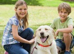 girl and boy with dog outdoors