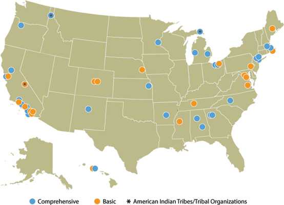 USA Map showing REACH Awardees, Fiscal Year 2014 (as of June 2015)