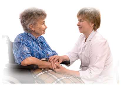 Woman holding the hands of another woman in a wheelchair.