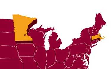 Map of the United States with Minnesota and Massachusetts highlighted.