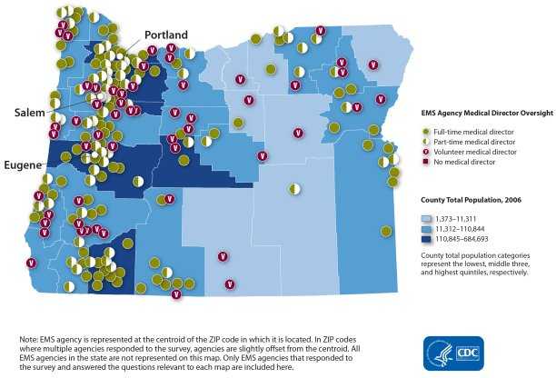 This map shows the distribution of type of medical director involvement by EMS agency. Each agency is represented by a point that reflects type of medical director involvement: full-time (n=81), part-time (n=66), volunteer (n=55) or absence of a medical director (n=1). Points are overlaid on county-level population size. The distribution of agencies by type of medical director involvement appears to be mostly random, but the number of agencies appears to vary by geographic location. Note: EMS agency is represented at the centroid of the zip code in which it is located. In zip codes where multiple agencies responded to the survey, agencies are slightly offset from the centroid. All EMS agencies in the state are not represented in this map. Only EMS agencies that responded to the survey and answered the questions relevant to each map are included here.