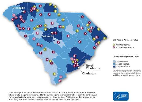 This map shows the distribution of volunteer status by EMS agency. Each agency is represented by a point that reflects whether the agency is classified as a volunteer agency (n=23) or non-volunteer agency (n=54). The points are overlaid on county-level population size. In general the distribution of agencies by volunteer status shows a random pattern. Note: EMS agency is represented at the centroid of the zip code in which it is located. In zip codes where multiple agencies responded to the survey, agencies are slightly offset from the centroid. All EMS agencies in the state are not represented in this map. Only EMS agencies that responded to the survey and answered the questions relevant to each map are included here.