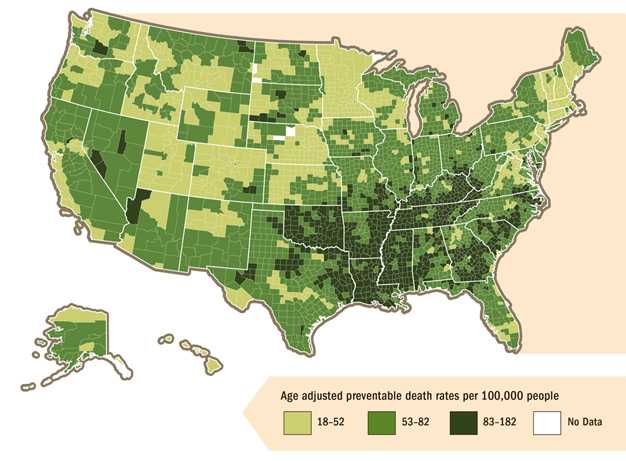 Counties with the highest risk of preventable heart disease and stroke deaths from 2008-2010 are located primarily in the southern Appalachian region and much of Tennessee, Arkansas, Mississippi, Louisiana, and Oklahoma, whereas the lowest risk counties are located in the West, Midwest, and Northeast census regions. States with the greatest difference in county rates include Colorado, Virginia, Kentucky, and Maryland.