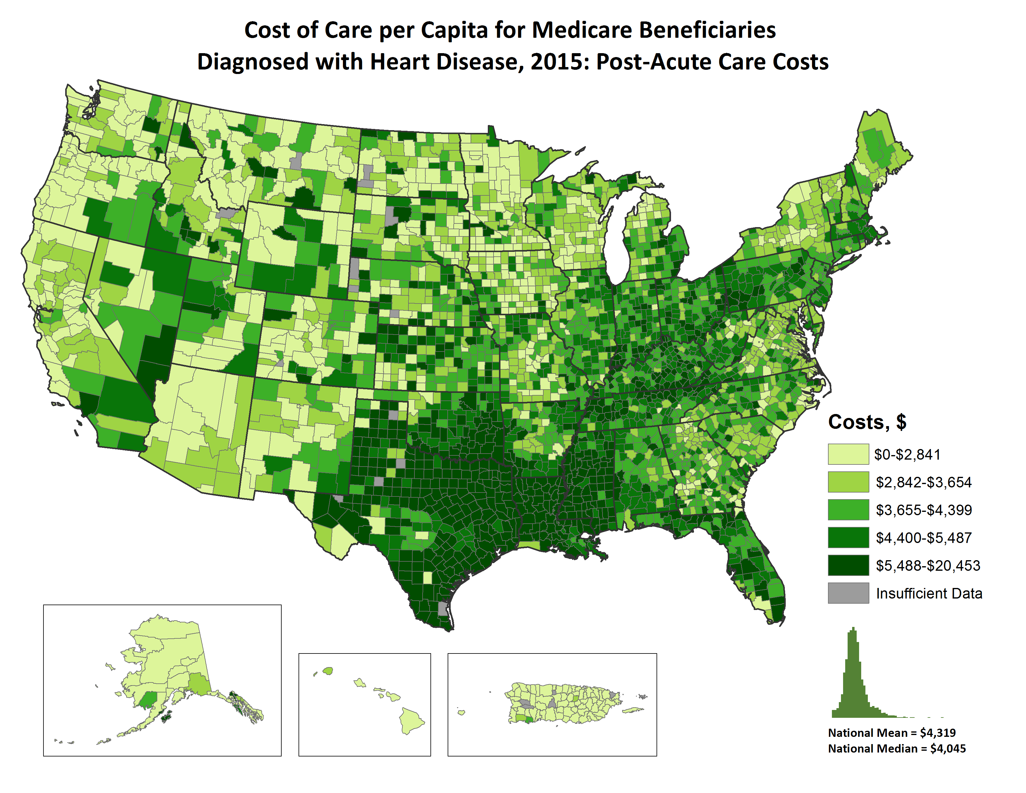 Costs of Care per Capita for FFS Medicare beneficiaries diagnosed with Heart Disease, 2015: Post Acute Care, by county. This map shows the concentrations of counties with the highest post acute care costs per capita  – meaning the top quintile – are located primarily in Texas, Louisiana, Arkansas, Mississippi, and Oklahoma, with pockets located in Pennsylvania, Ohio, Kentucky, Tennessee, Nevada, and Kansas.