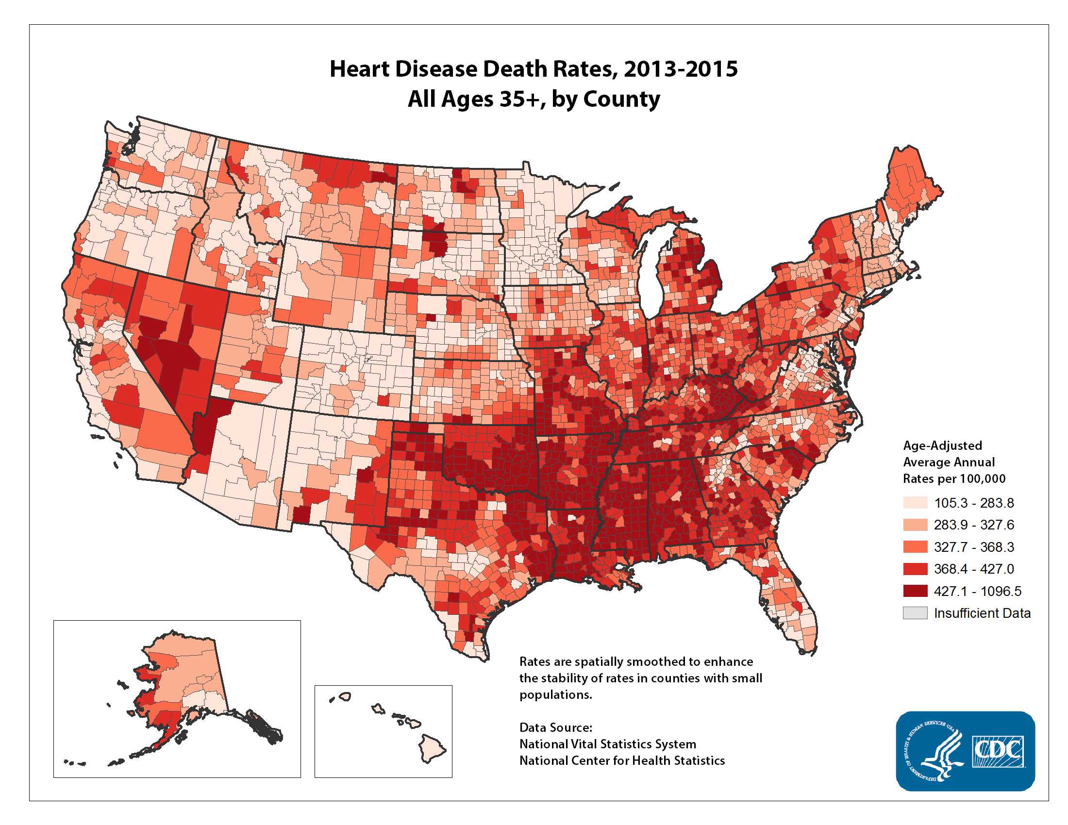 Heart Disease Death Rates for 2011 through 2013 for Adults Aged 35 Years and Older by County. The map shows that concentrations of counties with the highest heart disease death rates - meaning the top quintile - are located primarily in Mississippi, Oklahoma, Louisiana, Arkansas, and Alabama.  Pockets of high-rate counties also were found in Georgia, Kentucky, Tennessee, Missouri, and Nevada.
