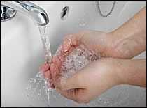 Photo of cupped hands under running water.