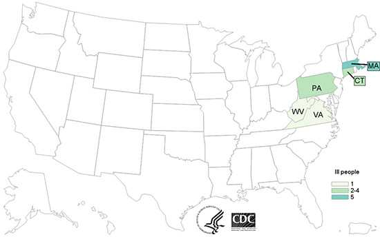 Case Count Map: People infected with the outbreak strain of E. coli O157:H7, by state of residence