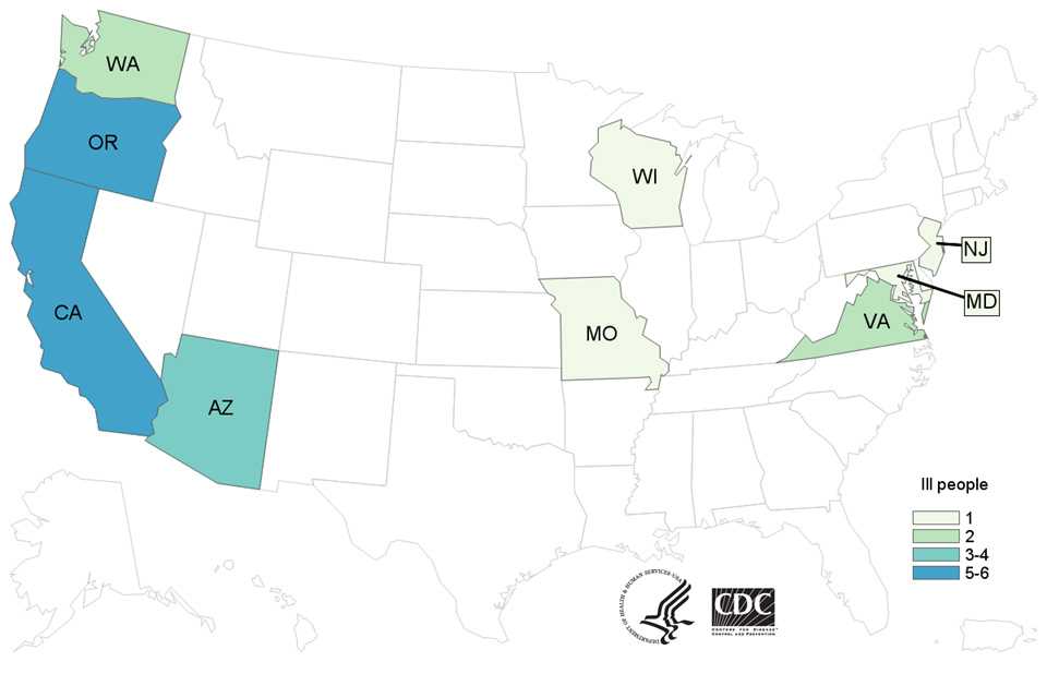 Case Count Map: People infected with the outbreak strain of E. coli O157:H7, by state of residence, as of March 17, 2017