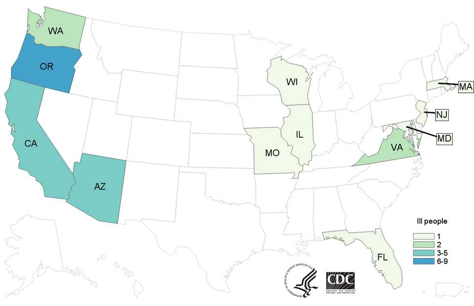 Case Count Map: People infected with the outbreak strain of E. coli O157:H7, by state of residence, as of March 28, 2017