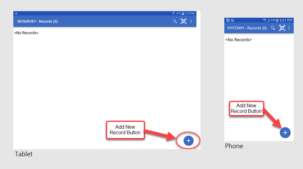 Screen shot of collect data screen on a tablet and a phone.