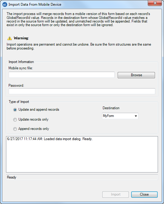 Screen shot of the import mobile sync file dialog box.