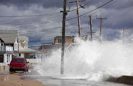 an SUV driving through a flooded road