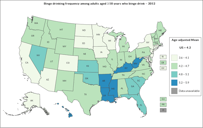 Map: Binge drinking frequency among adults aged > 18 years who bring drink - 2012.Age-adjusted Mean. 4.2 = US. 3.6-4.1 = Alaska, Arizona, California, Colorado, Connecticut, District of Columbia, Iowa, Maryland, Minnesota, New Jersey, New York, North Dakota, Rhode Island, South Dakota, Wisconsin. 4.2-4.7 = Alabama, Delaware, Guam, Idaho, Illinois, Indiana, Maine, Massachussetts, Michigan, Missouri, Montana, Nebraska, New Hampshire, New Mexico, North Carolina, Ohio, Oregon, Pennsylvania, Puerto Rico, Tennessee, Texas, Utah, Vermont, Virginia, Washington, Wyoming. 4.8-5.1 = Florida, Georgia, Kansas, Nevada, Oklahoma, South Carolina. 5.2-5.9 = Arkansas, Hawaii, Kentucky, Louisiana, Mississippi, West Virginia. Data unavalable = Virgin Islands