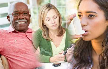 Collage of woman testing glucose, mature woman smiling, and teenage boy using inhaler