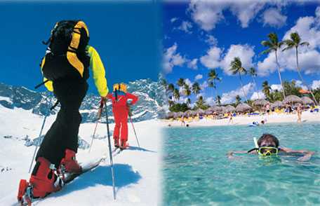 Collage of someone snow skiing and someone snorkeling