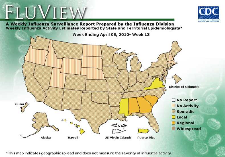 FluView, Week Ending April 3, 2010. Weekly Influenza Surveillance Report Prepared by the Influenza Division. Weekly Influenza Activity Estimate Reported by State and Territorial Epidemiologists. Select this link for more detailed data.