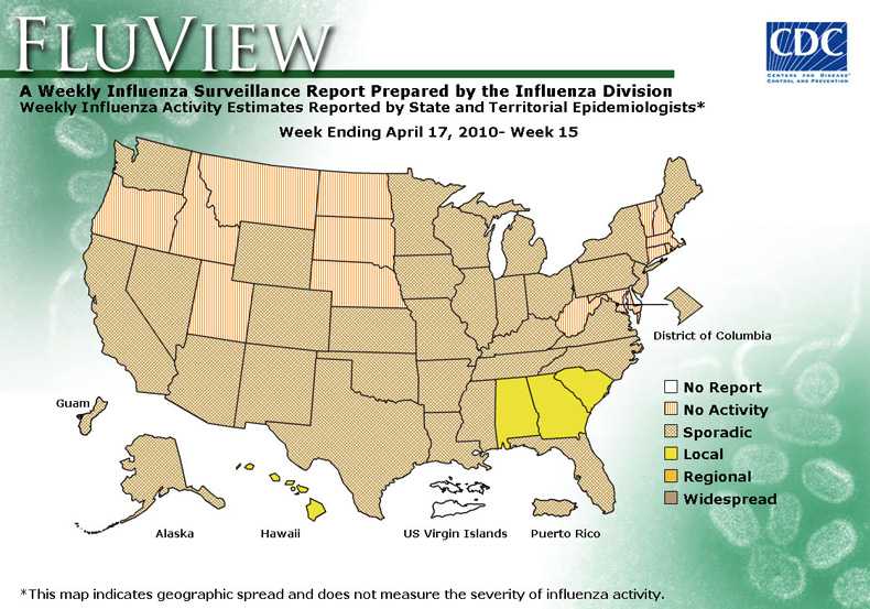 FluView, Week Ending April 10, 2010. Weekly Influenza Surveillance Report Prepared by the Influenza Division. Weekly Influenza Activity Estimate Reported by State and Territorial Epidemiologists. Select this link for more detailed data.