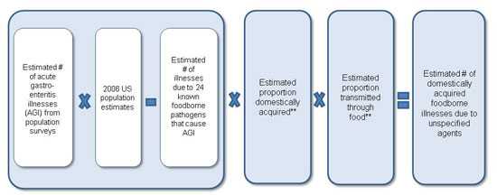 Figure 2 is a diagram, depicting an equation used to estimate foodborne illness due to unspecified agents for the year 2011. The equation is as follows: Estimated number of acute gastro-enteritis illnesses (AGI) from population surveys multiplied by 2006 US population estimates minus Estimated number of illnesses due to 24 known foodborne pathogens that cause AGI. The result of that is then multiplied by Estimated proportion domestically acquired multiplied by Estimated proportion transmitted through food which will result in Estimated number of domestically acquired foodborne illnesses due to unspecified agents.