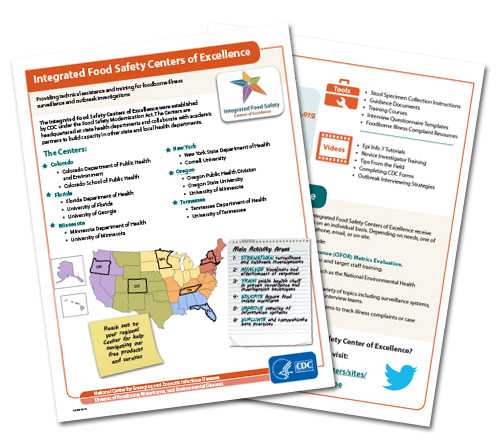 Photo collage showing the first and second pages of Food Safety Centers of Excellence PDF prochure