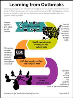 Learning from Outbreaks: Outbreaks provide important data on how germs (including bacteria, viruses, parasites, and chemicals and toxins) spread, which foods cause illness, and how to prevent people from getting sick. CDC collects data about outbreaks, such as what germ was the cause, what food was implicated, number of people who became ill and their symptoms, and date and location.