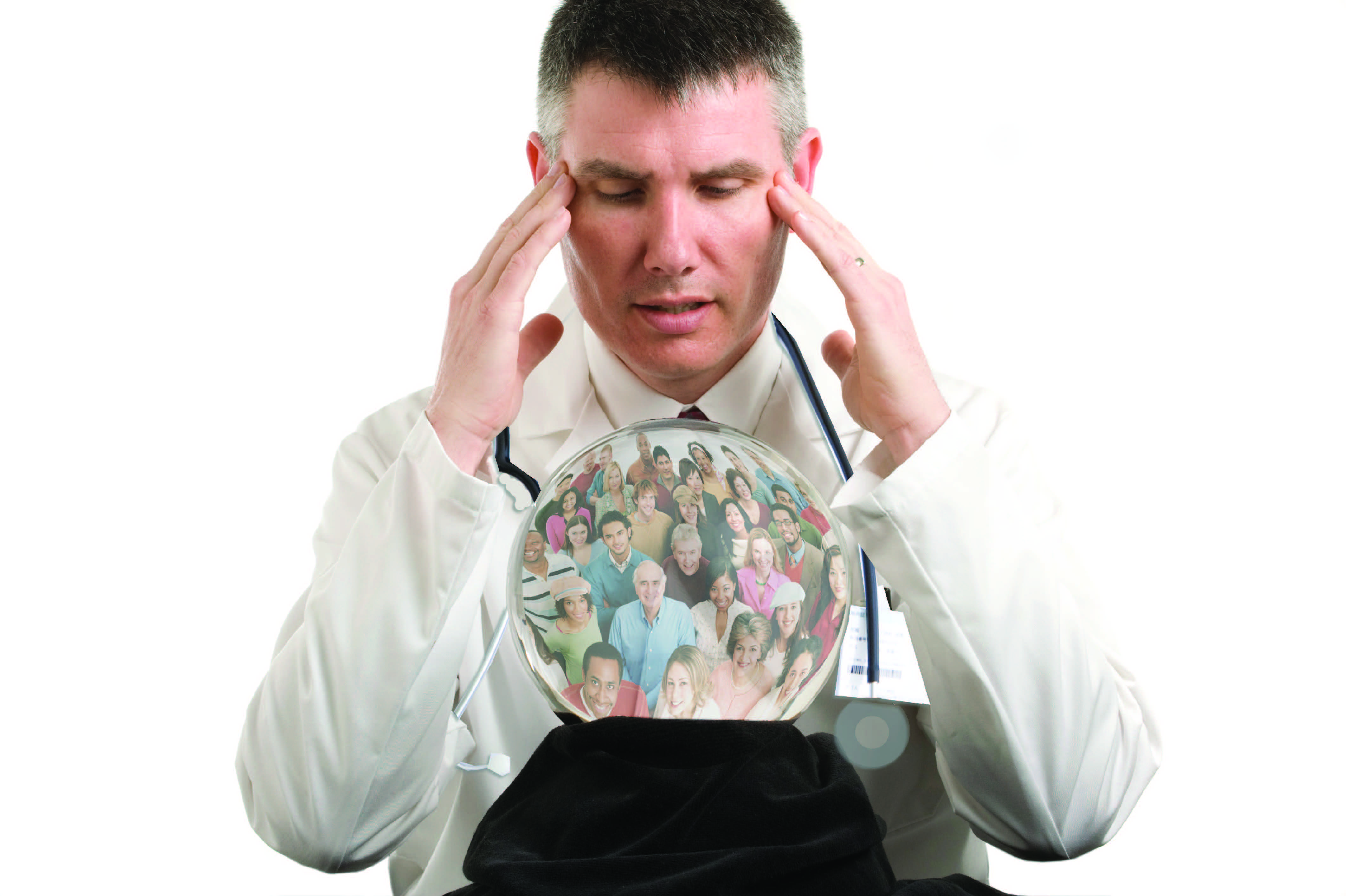 doctor looking into a crystal ball filled with people