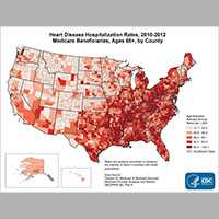 The map shows that concentrations of counties with the highest heart disease hospitalization rates - meaning the top quintile - are located primarily in Louisiana, Kentucky, West Virginia, Pennsylvania, and Tennessee.  Pockets of high-rate counties also were found in Alabama, Georgia, North Carolina, Mississippi, Arkansas, Missouri, Texas, and Michigan.