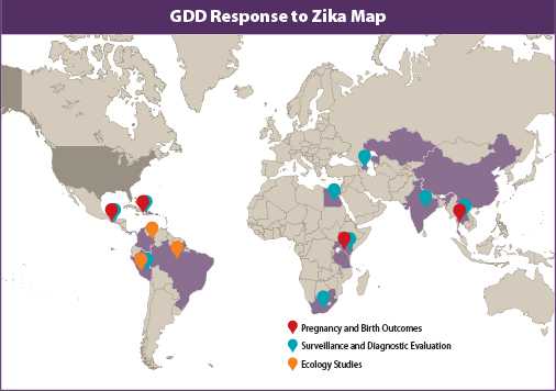 	GDD Response to Zika Map: highlights Pregnancy and Birth Outcomes, Surveillance and Diagnostic Evaluation and Ecology Studies