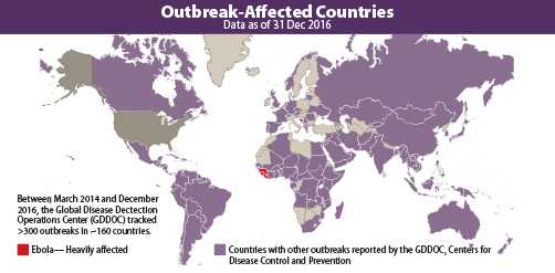 	Map of outbreak affected countries, data as of 31 Dec 2016. Between March 2014 and December 2016, the Global Disease Detection Operations Center (GDDOC) tracked more than 300 outbreaks in about 160 countries.. Map shows countries heavily affected by Ebola as well as countries with other outbreaks reported by the GDDOC, Centers for Disease Control and Prevention