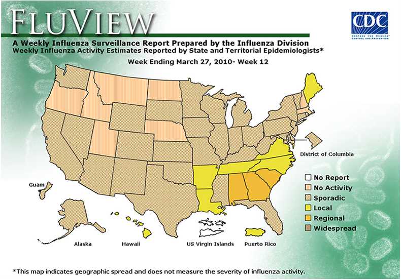 FluView, Week Ending March 27, 2010. Weekly Influenza Surveillance Report Prepared by the Influenza Division. Weekly Influenza Activity Estimate Reported by State and Territorial Epidemiologists. Select this link for more detailed data.