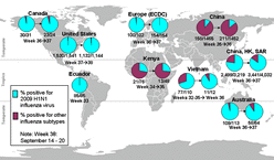 This picture depicts a map of the world that shows the co-circulation of 2009 H1N1 flu and seasonal influenza viruses. The United States, Canada, Ecuador, Europe, Australia, Kenya, Vietnam, China and Hong Kong (China) are depicted. There is a pie chart for each that shows the percentage of laboratory confirmed influenza cases that have tested positive for either 2009 H1N1 flu or other influenza subtypes. The majority of laboratory confirmed influenza cases reported in the United States, Canada, Ecuador, Europe, Australia, Vietnam and Hong Kong (China) are currently due to 2009 H1N1 influenza virus. However, the majority of laboratory confirmed influenza cases reported in China and Kenya are positive for other influenza subtypes.