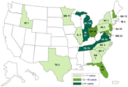 Imagen del mapa de los Estados Unidos con la cifra de casos por estado