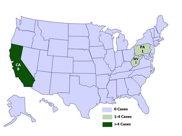 A map of the United States depicting case counts of hantavirus infection in people who recently visited Yosemite National Park, by state of residence