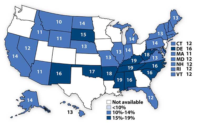 Percentage of high school students who had obesity,*2015 Map image