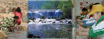 A woman drinking river water. Water falls. A young boy washing his hands.