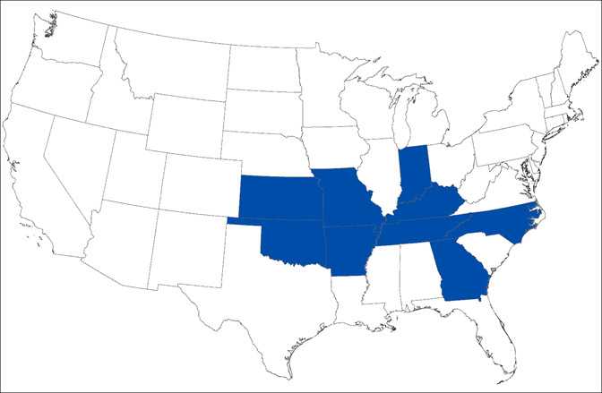 Map of the United States showing Heartland virus diseases cases by state. Heartland virus is in the following states: Arkansas, Georgia, Indiana, Kansas, Kentucky, Missouri, North Carolina, Oklahoma, and Tennessee