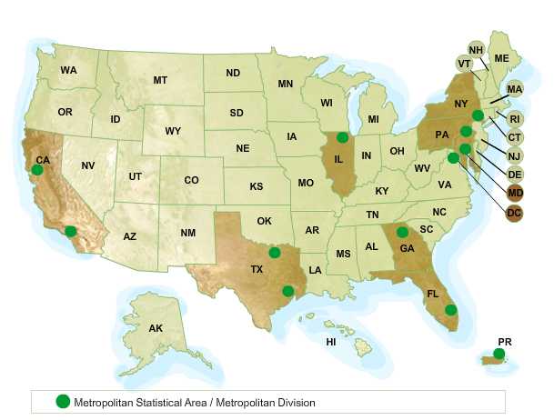 metropolitan statistical area/metropolitan division,  New York City, Philadelphia, Puerto Rico (San Juan), San Francisco, District of Columbia, Houston, Los Angeles, Florida (Miami), Georgia (Atlanta), Maryland (Baltimore), Chicago, Texas (Dallas)