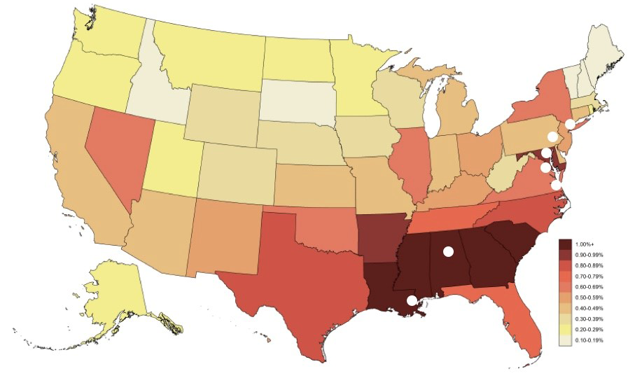 The THRIVE locations on a map of the US stratified by state rates of new HIV diagnoses among MSM per 100 MSM 2012-2013.  It shows the 7 THRIVE sites (NYC, Philadelphia, Baltimore, DC, Eastern Virginia, Alabama, and Louisiana depicted with a dot)