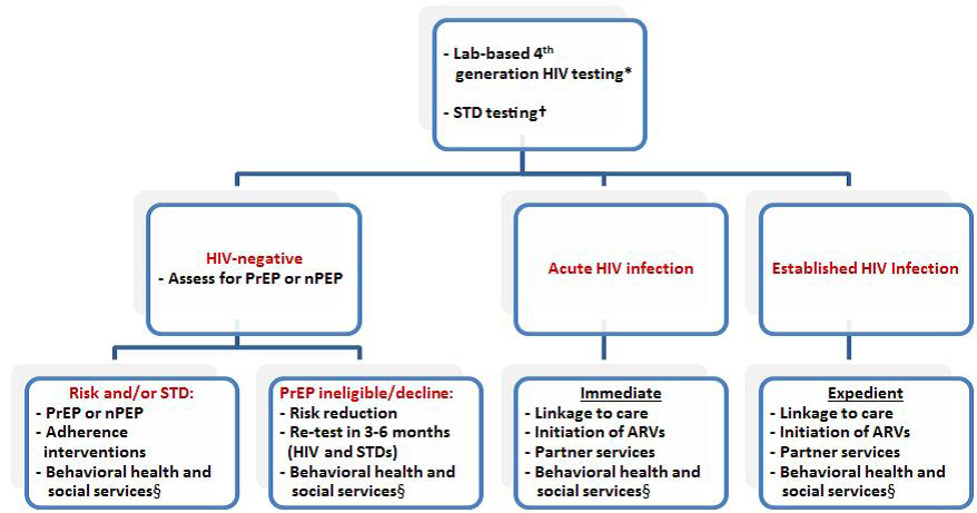 The HIV testing figure shows the flow of THRIVE clients getting tested to identify MSM of color who will receive either HIV prevention or care services.