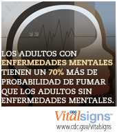 Afiche de VitalSigns: Los adultos con enfermedades mentales tienen un 70% más de probabilidad de fumar que los adultos sin problemas mentales