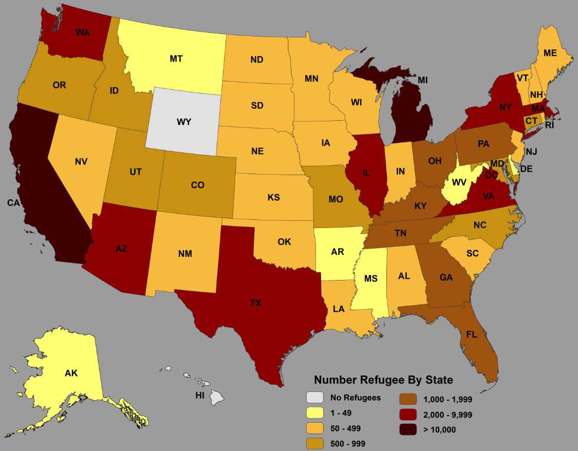 This map of the United States shows in which states Iraqi refugees have been resettled.  The top 5 states are: California, Michigan, Texas, Arizona, and Illinois.  