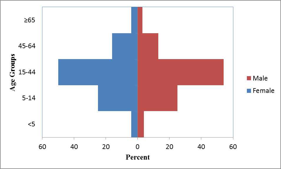 The graph shows the age distribution of Iraqi Refugees resettled in the US.  The graph shows that for both males and females the most common age group is 15-44 years old.    