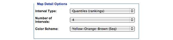 This is an image of the Map Detail Options section. In this section, you must choose a subcategory of one of the following categories: Interval Type, Number of Intervals, Color Scheme.