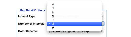 Image: Map Detail Options subcategory, Number of Intervals. In this subcategory, you must select one of the following options: 3, 4, 5, 6, 7, 8, 9.