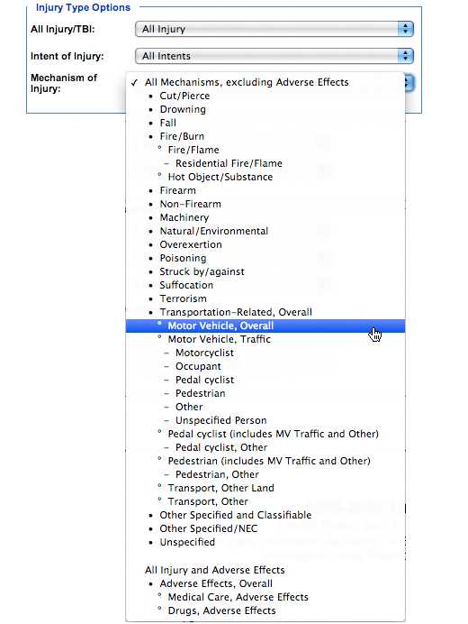 Image: Injury Type Options subcategory, Mechanism of Injury. In this subcategory, you must select one of the following options.