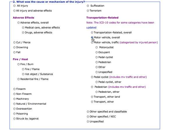 Image: Screen capture showing Report Option 2, What was the cause or mechanism of the injury? Option of Motor vehicle overall is selected.