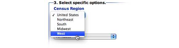 Image: Screen capture showing Report option 3, Census Region. The option of West region is selected.