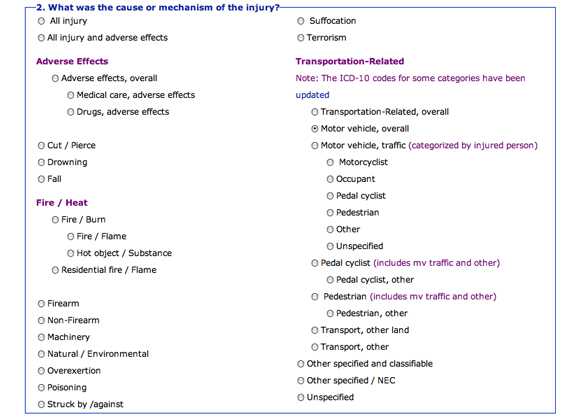 This image shows the question: What was the cause or mechanism of the injury? Motor vehicle, overall is selected.