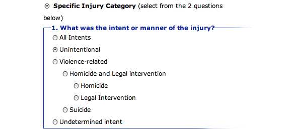 Specific Injury Category is selected. This images shows the question: What was the intent or manner of the injury? Unintentional is selected.