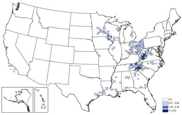 A map of the continental United States depicting California Serogroup Virus Neuroinvasive Disease Average Annual Incidence by County, 1996 to 2010.