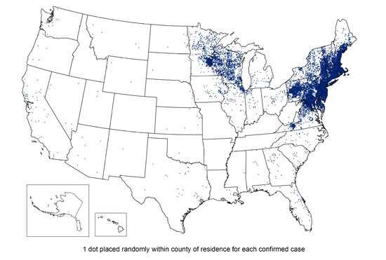 U.S. map reported cases of Lyme Disease at a county-wide level